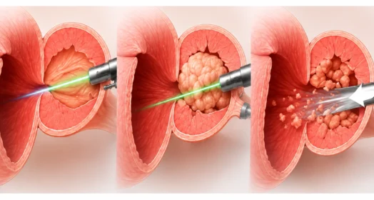 Ilustración del proceso de cirugía prostática HoLEP y técnica MiLEP con láser: enucleación, separación del tejido obstructivo y morcelación para el tratamiento de hiperplasia benigna de próstata
