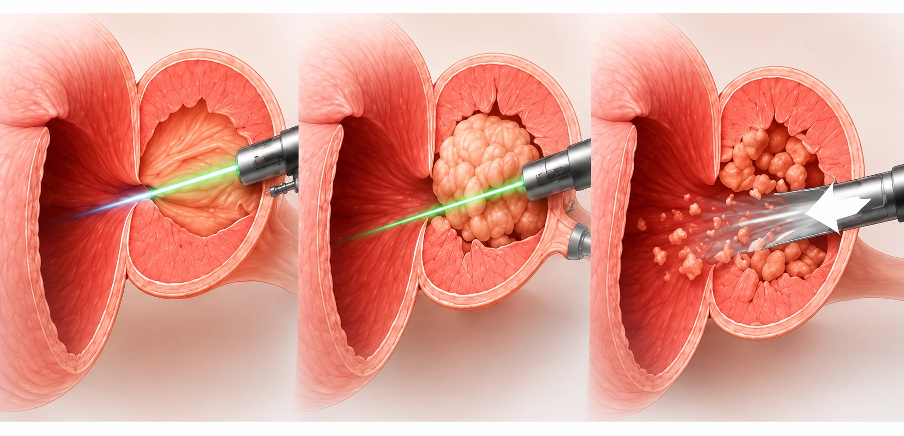 Ilustración del proceso de cirugía prostática HoLEP y técnica MiLEP con láser: enucleación, separación del tejido obstructivo y morcelación para el tratamiento de hiperplasia benigna de próstata