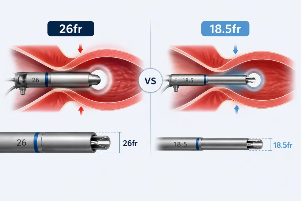 Comparativa visual de los calibres 26fr vs 18.5fr